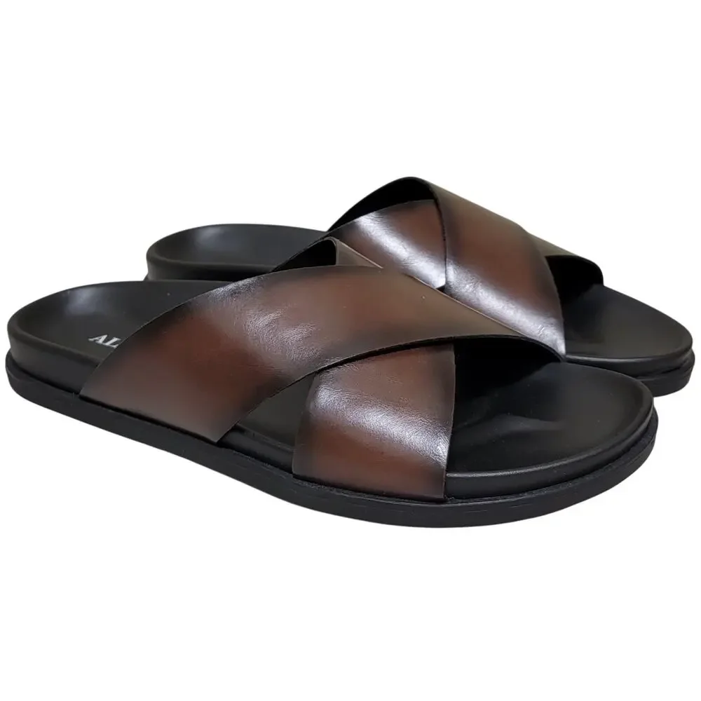 Alfani Men Whitter Cross Strap Slide Sandals Size US 11.5M Brown Faux Leather